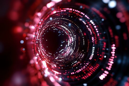 Abstract digital tunnel with glowing red and pink particles forming circular pattern against dark background, creating futuristic cyber technology effect.