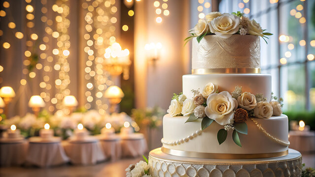 Elegant tiered wedding cake adorned with ivory roses and gold accents, displayed on decorative stand in warmly lit reception hall. Concept of wedding planning, cake design, luxury events.