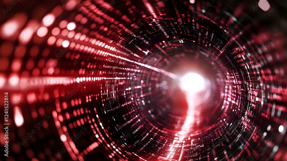 Poster abstract red digital tunnel with glowing particles and light streaks creating dynamic motion effect 