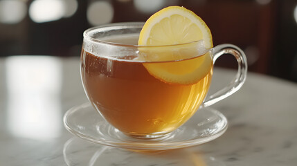 Lemon and ginger tea with honey served in a clear glass teacup, garnished with a lemon wheel.