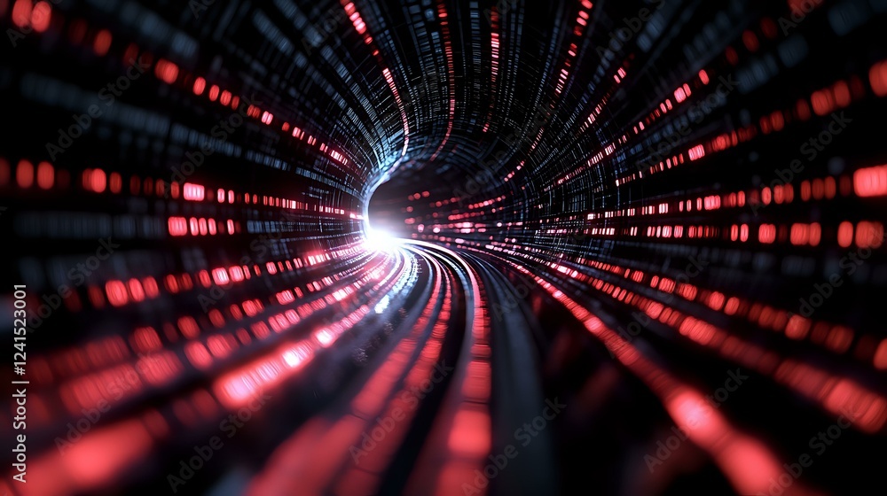 Poster futuristic red light tunnel with glowing particles and bright center point creating dynamic motion e