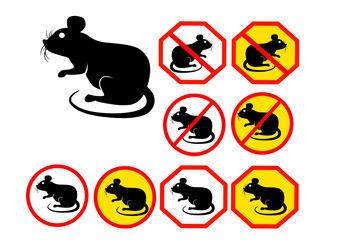 No rat sign. Pest warning sign. Anti pest symbol. Stop rat icon. Rat silhouette in pest control sign, Rat vector graphic, isolated on white background, black warning sign in red, for graphic icon