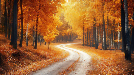 Obraz premium Winding Autumn Road Through Golden Forest