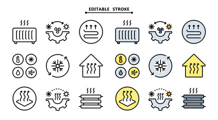 HVAC icons set. Editable stroke. Commercial services. Heating and cooling system. Air conditioning. Isolated vector illustrations. Simple flat icons for templates, web design, logo and infographics.