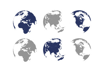 Set of transparent globes of Earth. Realistic world map in globe shape with transparent texture and shadow
