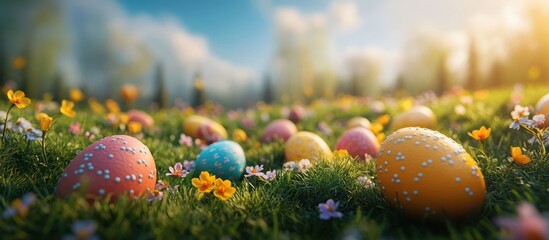 Easter eggs meadow sunrise spring