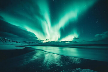 Majestic Northern Lights Over Snowy Forest Lake Landscape at Night Generative AI Image