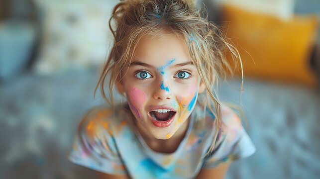 Young girl with bright blue face paint and messy blonde hair expressing pure joy and excitement against blurred interior background, capturing authentic childhood happiness.
