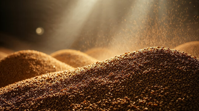 Large pile of golden brown Alsi seeds. Flaxseed harvesting for healthy nutrition. Linum usitatissimum grains