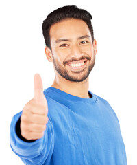Fototapeta premium Smile, thumbs up and portrait of young man with positive, good and confident attitude. Excited, happy and Indian male person with approval hand or ok gesture isolated by transparent png background.