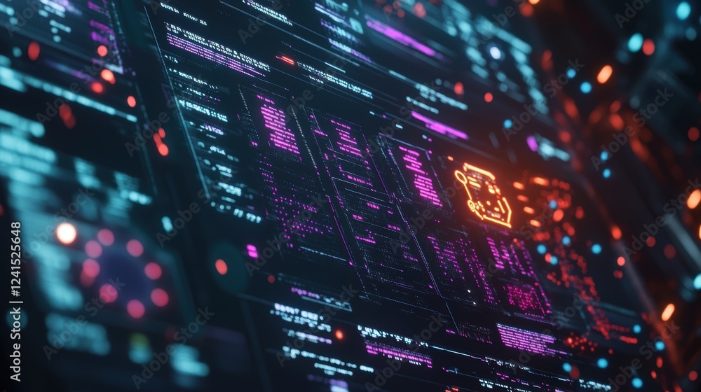 Poster futuristic digital interface displaying lines of programming code and a robotic arm icon, representi