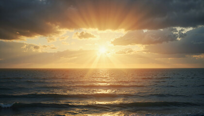 Obraz premium Sunlight breaking through dark clouds over calm ocean, hope and serenity