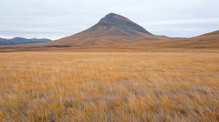 Autumnal mountain vista, vast grassland, calm sky, scenic landscape; nature photography
