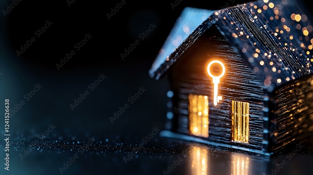 Poster glowing miniature house with illuminated windows and key-shaped light in dark setting with bokeh eff