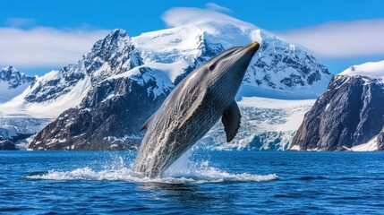 Fototapeta premium Antarctic dolphin leaping, mountains background, wildlife documentary