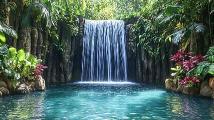 Naklejka premium A serene jungle waterfall flowing into a crystal-clear pool, surrounded by vibrant green leaves and tropical flowers