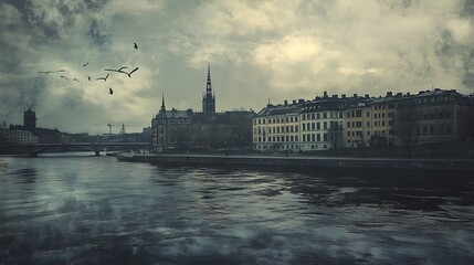 Gloomy cityscape with river, bridge, and birds under a stormy sky.