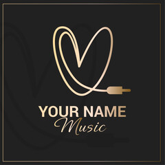 Hand drawn gold music logo with cord and heart