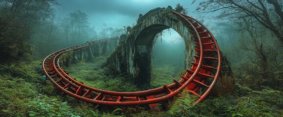 Overgrown Red Rollercoaster in Lush Green Jungle