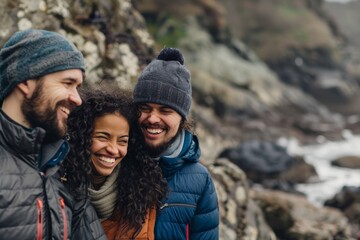 Portrait of a joyful mixed race couple in their 30s dressed in a water-resistant gilet isolated on rocky shoreline background