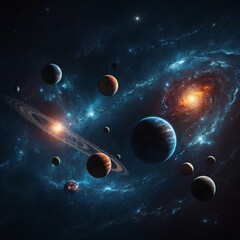 A surreal galaxy with planets made of glass and glowing stars.