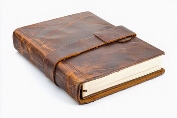 Obraz premium A leather journal with a textured cover and strap rests on a flat surface. Generative AI