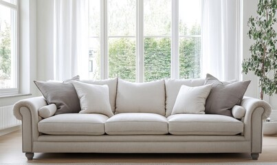 Fototapeta premium Elegant Beige Sofa in Bright Living Room with Large Windows