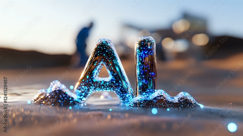 Poster glowing blue ai letters emerging from reflective surface with bokeh lights and sunset background, fu