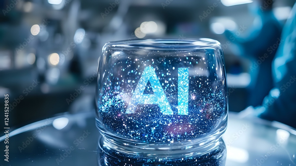 Poster glowing ai letters in glass container with sparkles and bokeh effects, futuristic technology concept