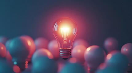Glowing lightbulb stands out among others, symbolizing innovation and new ideas.