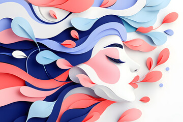 Woman portrait silhouette wavy style created in a paper cut style. 8 March. International Women's Day greeting card. 