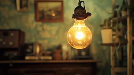Glowing vintage light bulb hanging in a dimly lit room.