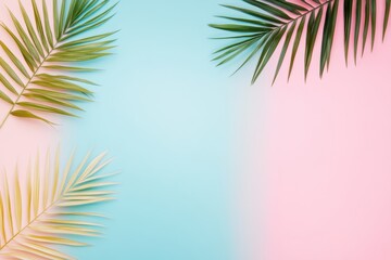 A vibrant scene shows lush green palm leaves against a pastel background, capturing the essence of carefree summer vacations, sunkissed beaches, and joyful moments of adventure and fun