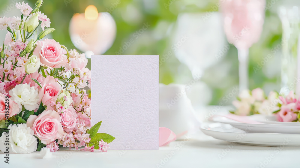 Poster elegant table setting with pink floral arrangement and blank card for events