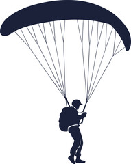 paraglider silhouette black colour with white background. paraglider is flying on a parachute. Strengthens a person