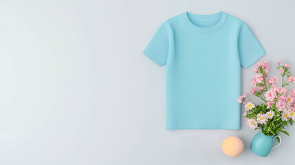 Light blue short-sleeve shirt displayed with flowers and fruit on a minimalist background in a contemporary setting