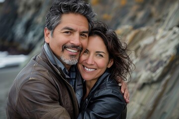 Portrait of a grinning latino couple in their 40s sporting a classic leather jacket isolated in rocky shoreline background