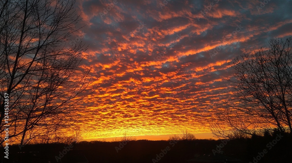 Poster as the sun sets, the sky transforms into a breathtaking palette of oranges and reds, casting a warm 