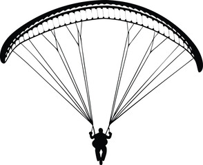 paraglider silhouette black colour with white background. paraglider is flying on a parachute. Strengthens a person