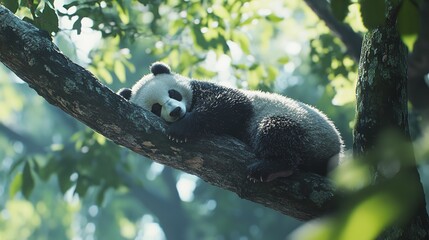 Obraz premium Sleepy Panda Napping on a Branch in Lush Forest