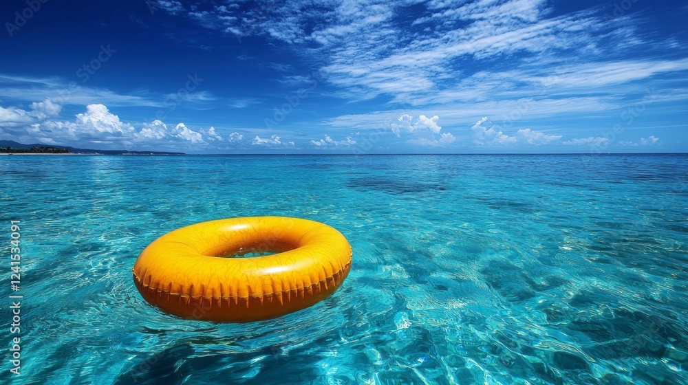 Poster a vibrant yellow flotation device floats on the calm, crystal-clear water, surrounded by a picturesq