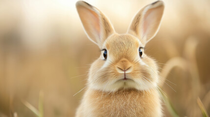 Obraz premium Close-up portrait of an adorable bunny with a whimsical fake mustache, gazing into the camera against a soft, blurred background for a playful vibe