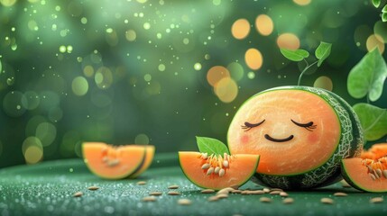Cute cartoon melon with a sleepy face, green background with seeds