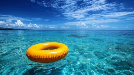 A vibrant yellow flotation device floats on the calm, crystal-clear water, surrounded by a picturesque seascape of soft waves and distant clouds, evoking a sense of relaxation and joy