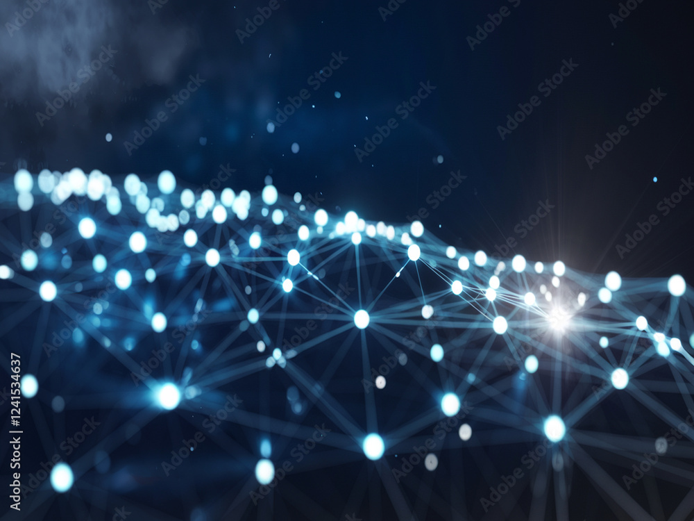 Poster futuristic network visualization with glowing blue and white nodes connected by luminous lines. set 