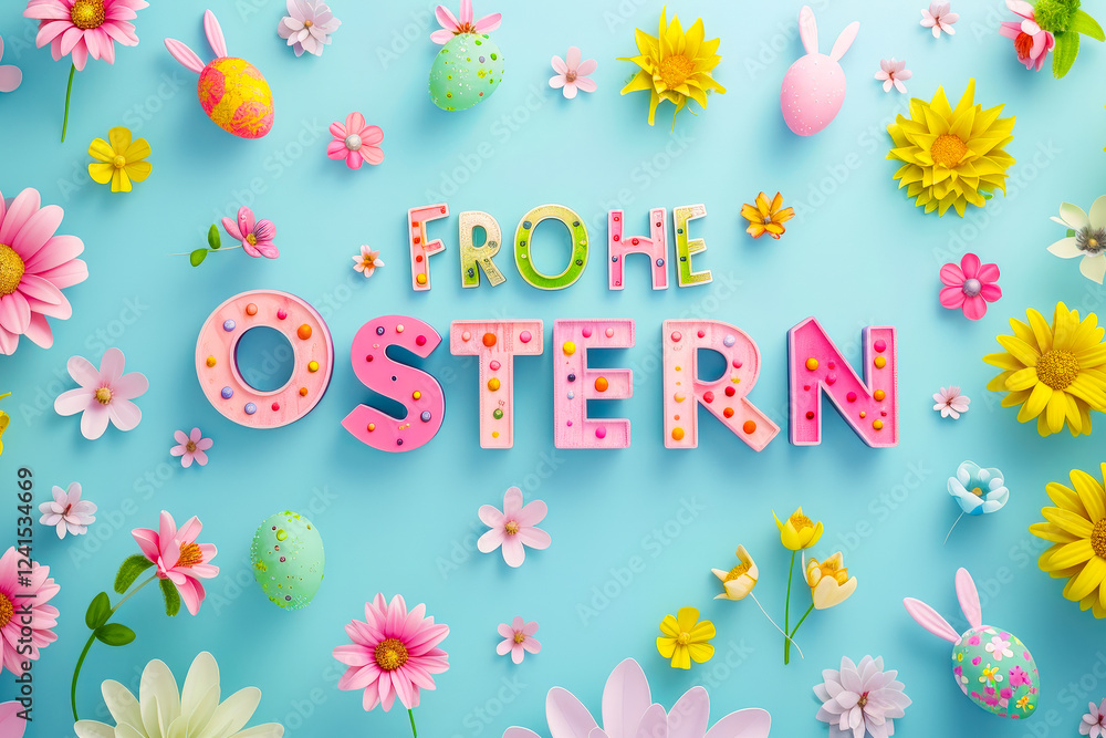 Poster decorative arrangement celebrating easter with colorful letters and floral elements displayed on a b