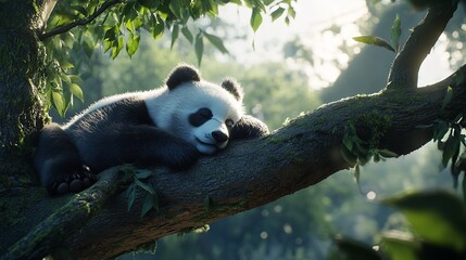 Obraz premium Sleepy Panda Resting on a Branch in a Lush Forest