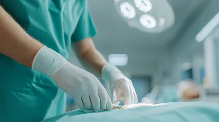 Close-up of gloved hands performing a pre-surgical shave on a cat's abdomen, highlighting the precise and sterile procedures involved in veterinary care within a modern operating room