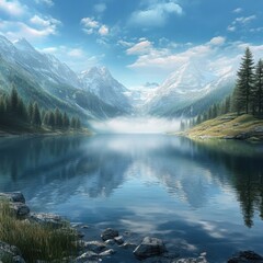 A crystal-clear lake surrounded by majestic mountains, the water perfectly reflecting the blue sky, pine trees on the slopes, soft morning mist, peaceful and serene atmosphere