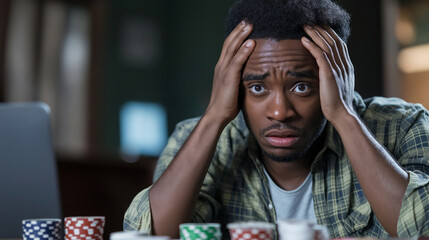 Young adult african american man is stressed and gripping head with hands after losing all money playing poker online on laptop, surrounded by empty cups with chips